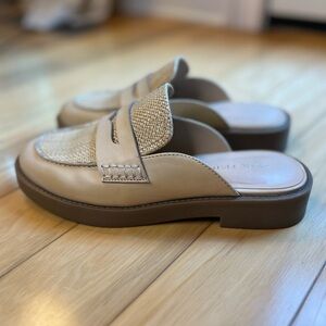 Marc Fisher Woven Raffia Mule Loafers Tan Leather Slip-On Flats